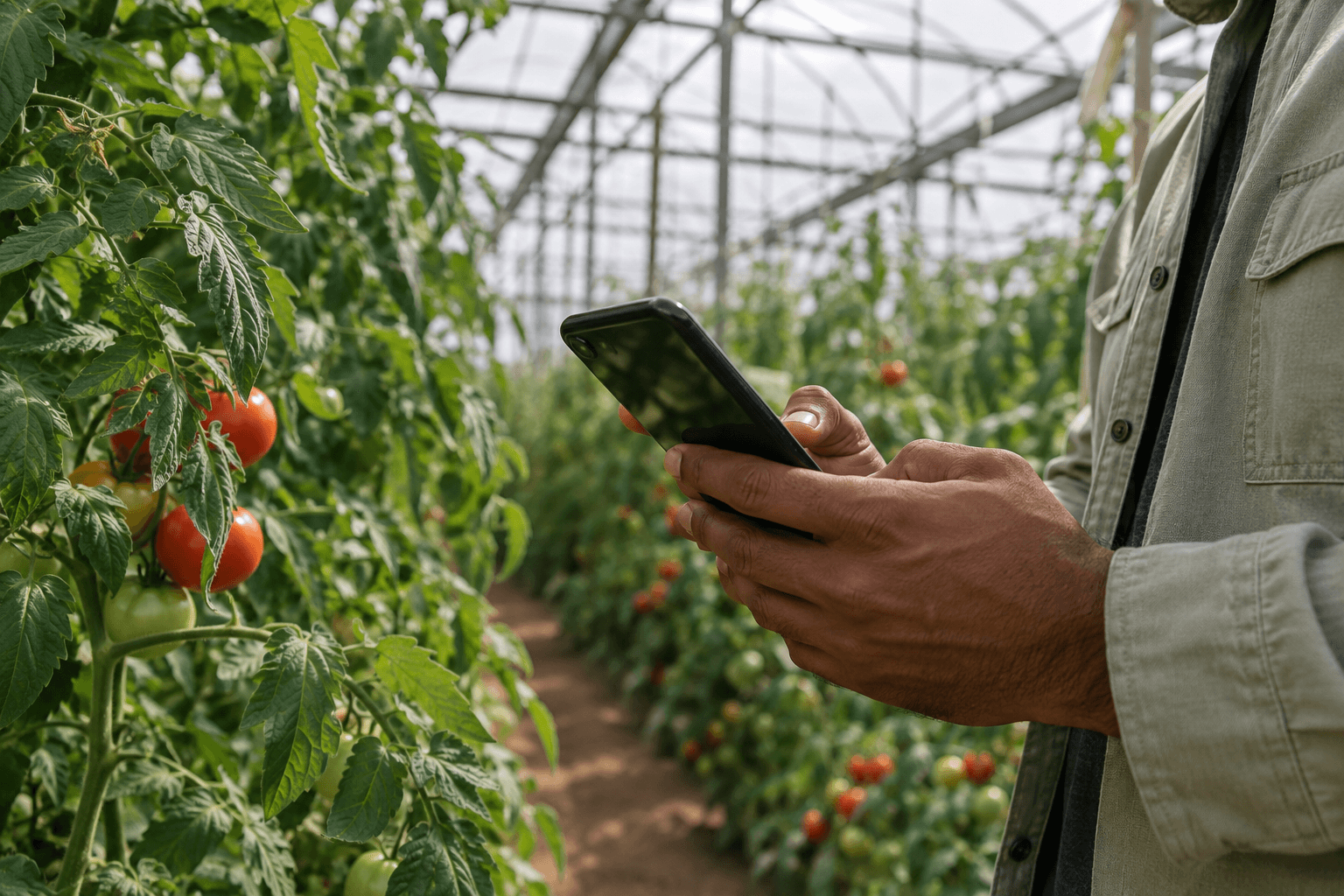 Supervisor recording harvest data on a phone inside a tomato greenhouse