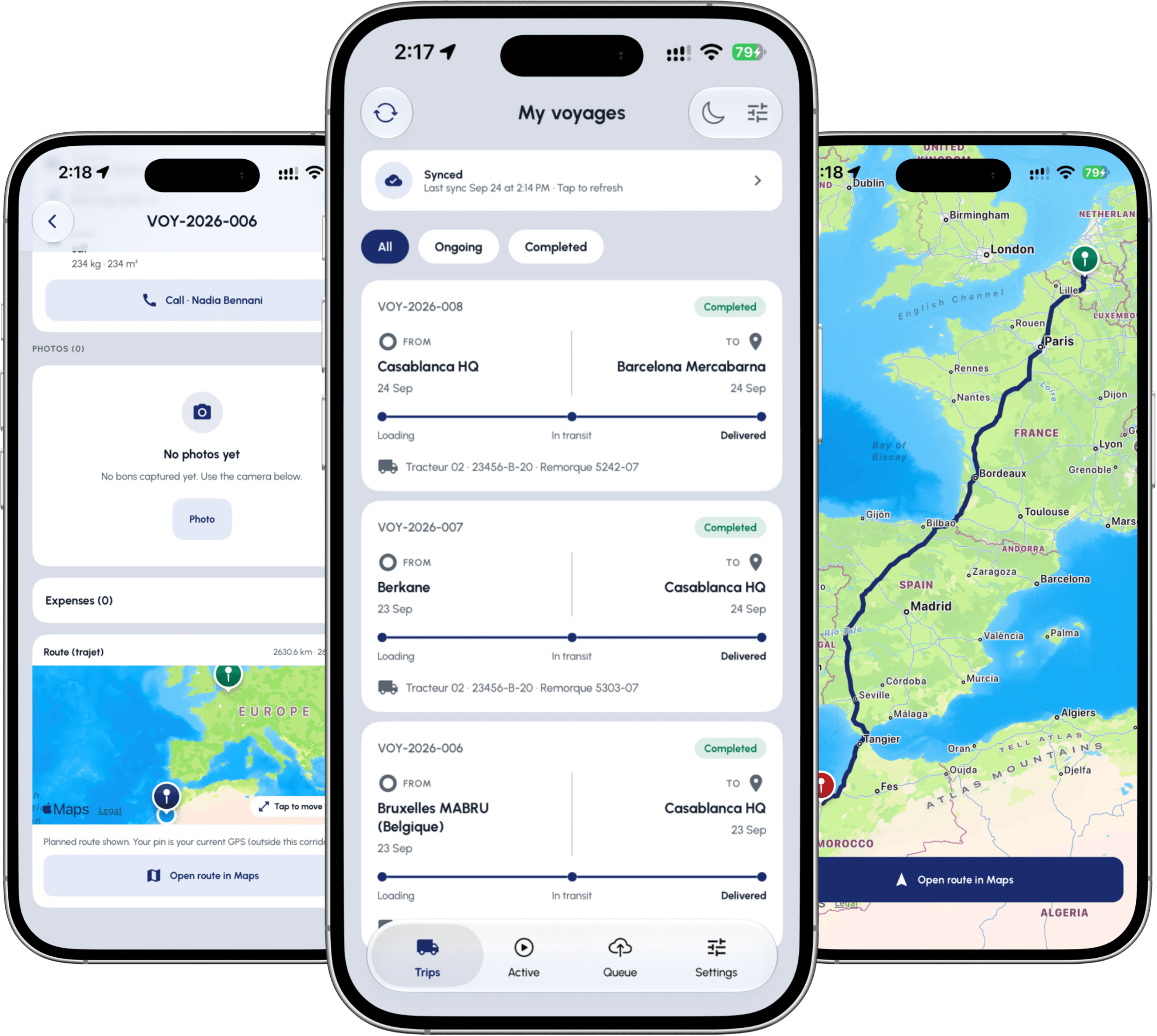 OptiWare Driver on three phones: a voyage with photos and expenses, the voyage list, and the route map from Lille to Morocco